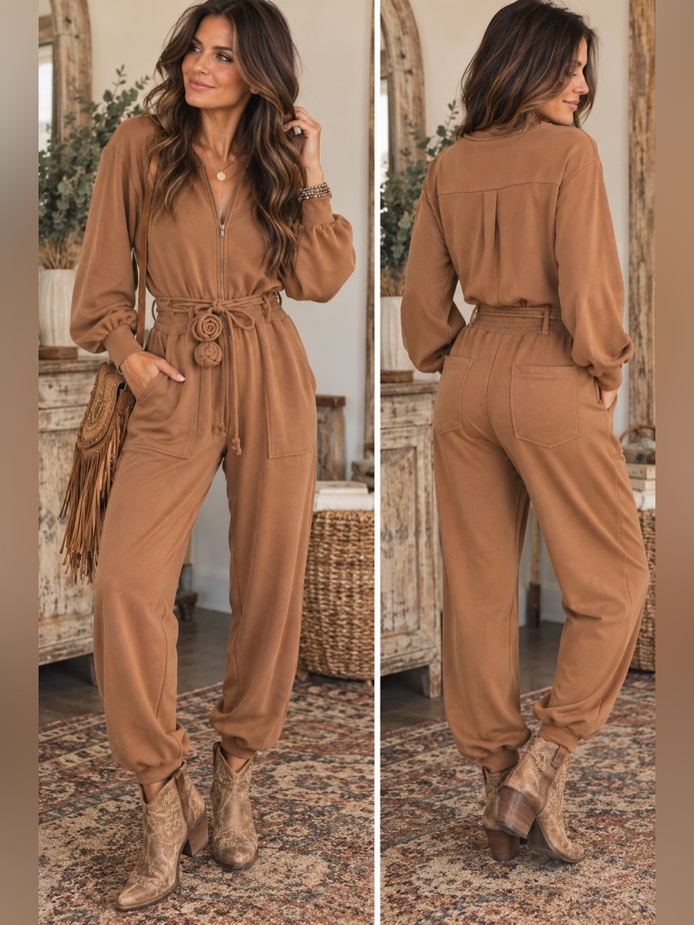 For Love & Lemons Yuna Jumpsuit XL Clay Brown Zip Front Rosebud